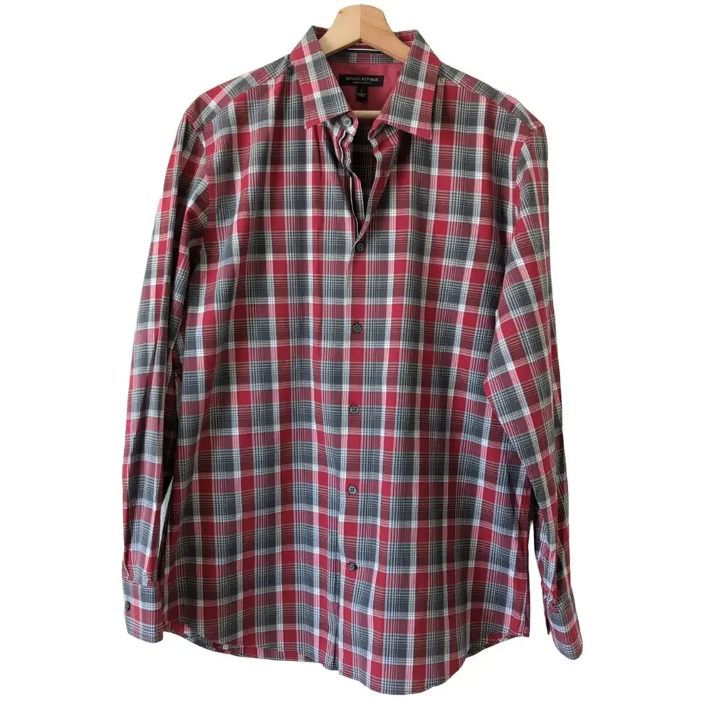 Banana Republic Mens Button‎ Up Shirt Red Gray Plaid Long Sleeve Slim Fit Large
